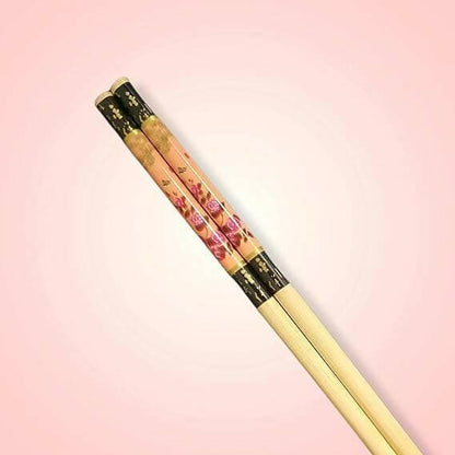 Reusable Wooden Bamboo Chopsticks () floral design, 2 pairs) - HalfPe