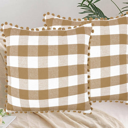 Lushomes Square Cushion Cover with Pom Pom, Cotton Sofa Pillow Cover Set of 2, 24x24 Inch, Big Checks, Beige and White Checks, Pillow Cushions Covers (Pack of 2, 60x60 Cms) - HalfPe