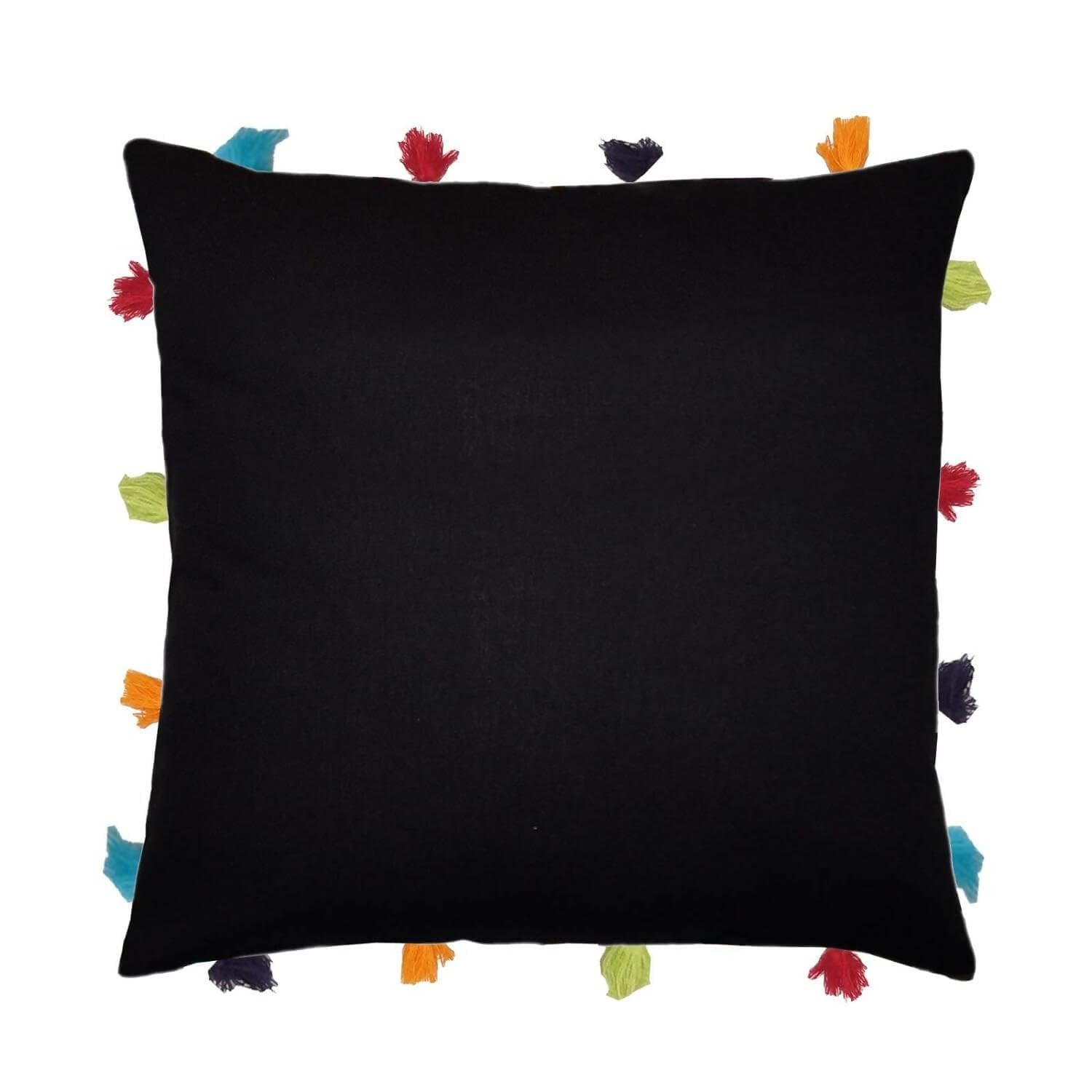 Lushomes cushion cover 14x14, boho cushion covers, sofa pillow cover, cushion covers with tassels, cushion cover with pom pom (14x14 Inches, Set of 5, Black ) - HalfPe