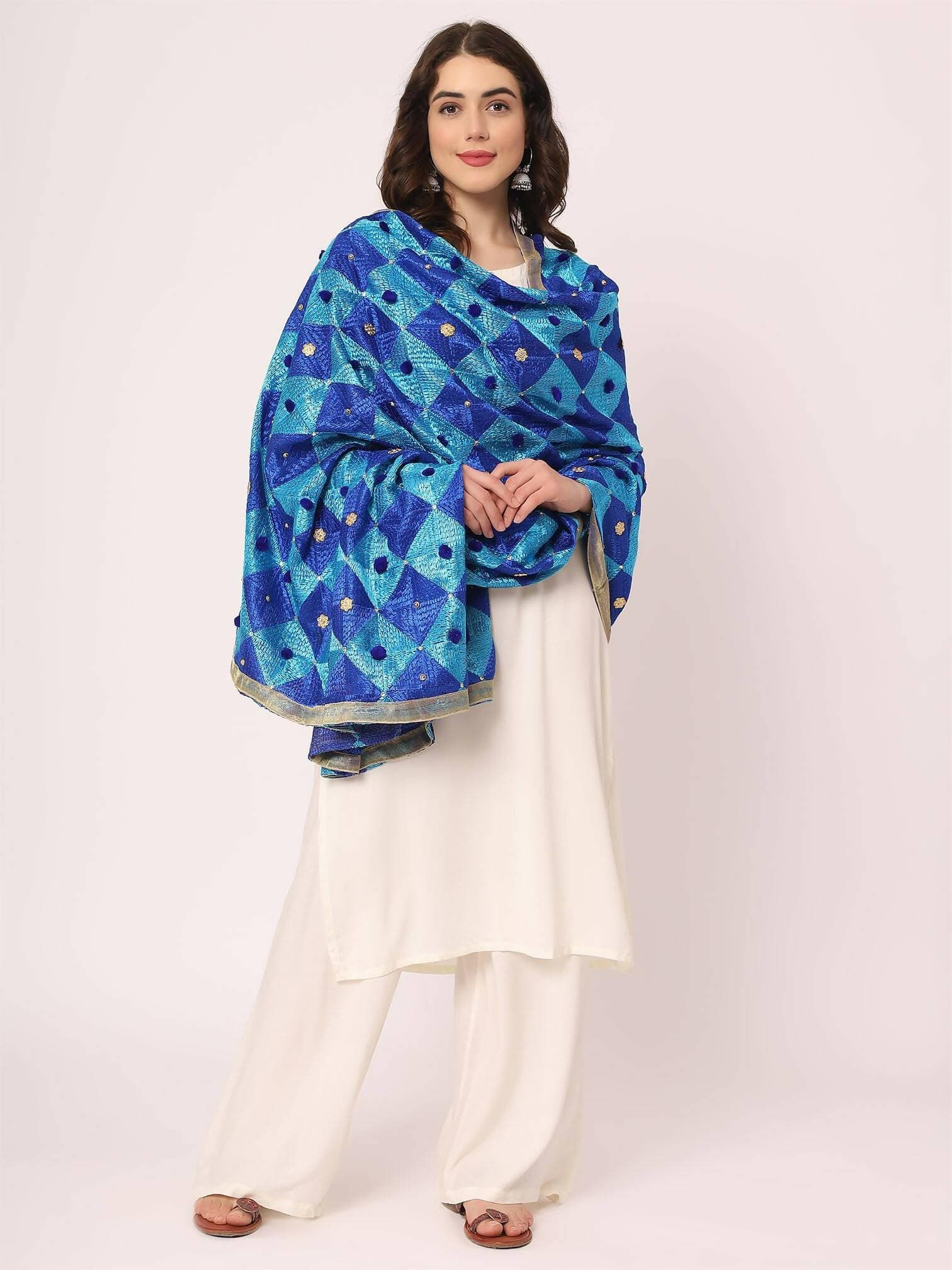 Royal Blue Embroidery Phulkari Dupatta - HalfPe