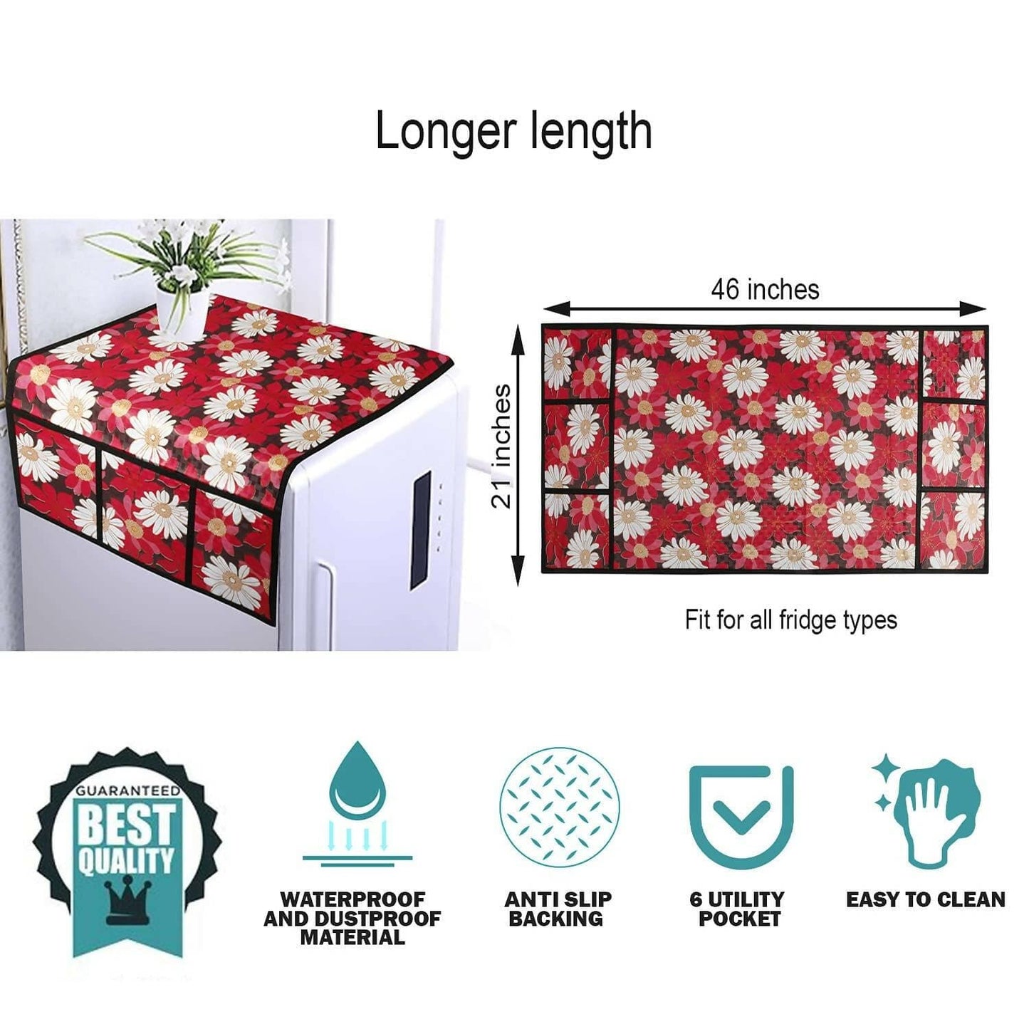 WISHLAND 1 Pc Fridge Cover for Top with 6 Pockets + 1 Handle Cover + 4 Fridge Mats( Fridge Cover Combo Set of 6 Pcs) - HalfPe