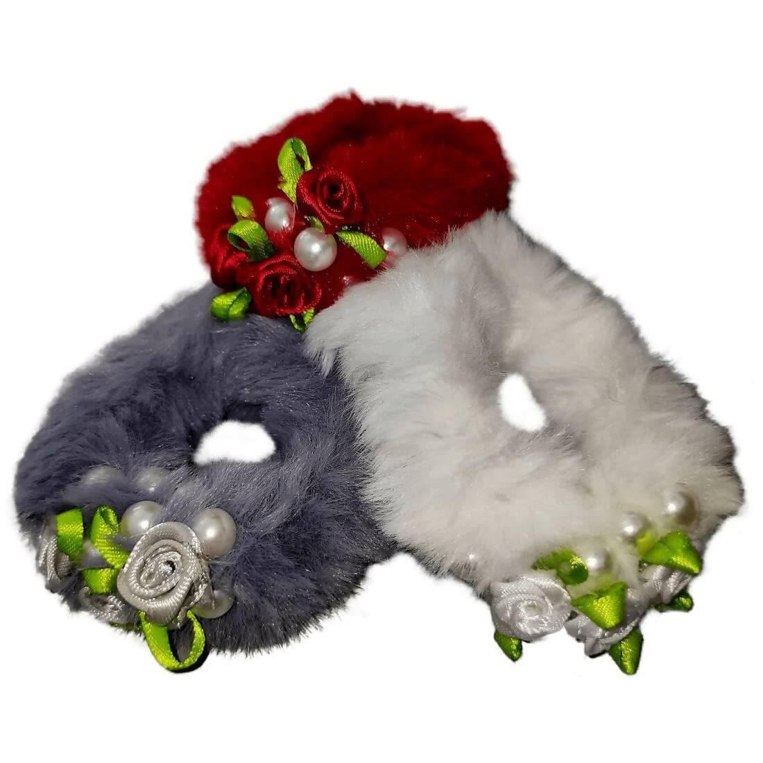 SENECIO Set Pearl With Lovely Rose Fluffy Fur Soft Mix Multicolor Rubber Band Hair Tie Scrunchies(3Pc)VERSATILE & COMFORTABLE Quality product from SENECIO Fashion House 3Pc Multicolor - HalfPe