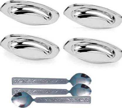 SHINI LIFESTYLE Stainless Steel Oval Plate, Rice Plate 4pc with Table spoon set Dinner Plate (Pack of 4) - HalfPe