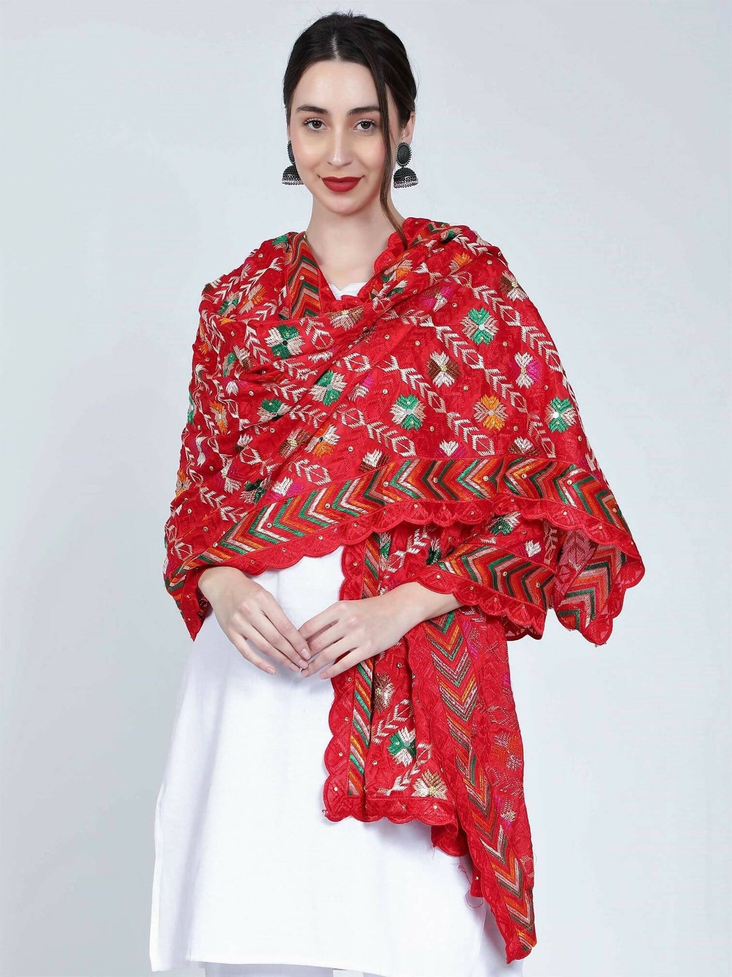 Phulkari dupatta with mirror work (Red, multicolor design) - HalfPe