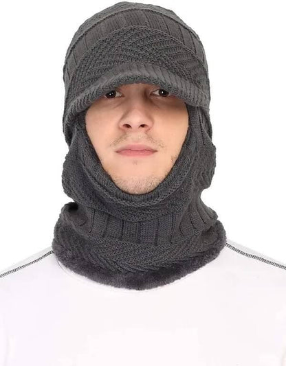 Woven Grey Unisex Acrylic Woolen Balaclava, Beanie/Skull Cap & Muffler - HalfPe