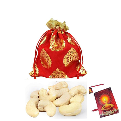 MANTOUSS Happy Diwali Dry Fruit Red Designer Potli-Cashew + Diwali Greeting Card - HalfPe