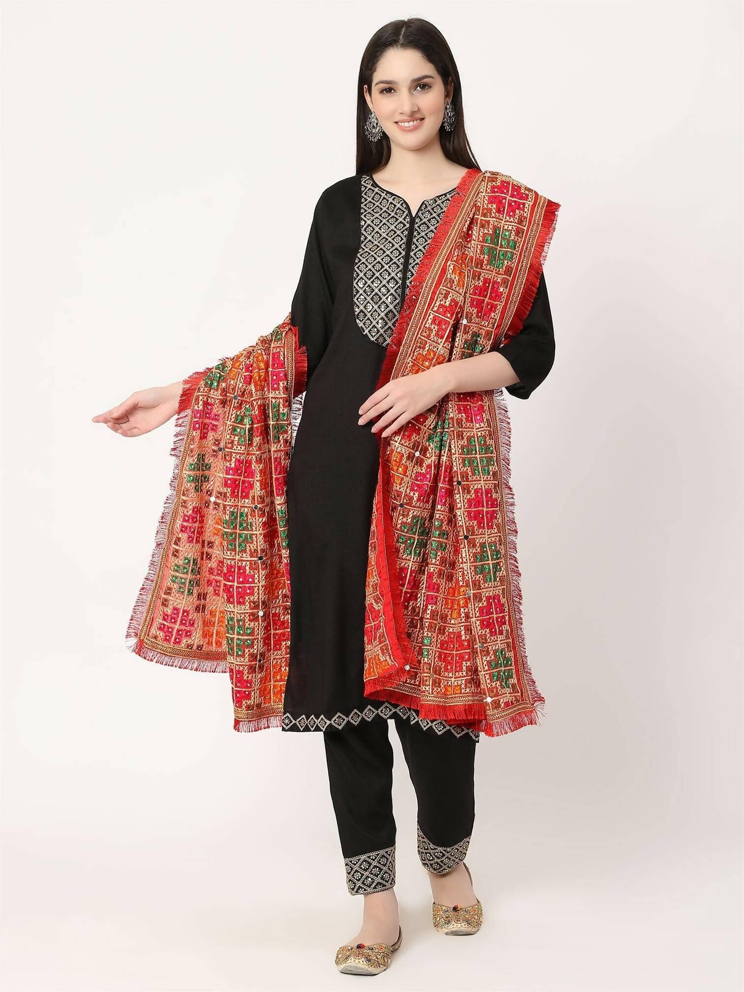 Maroon Multicolour Embroidery Phulkari Dupatta with Mirror Work - HalfPe