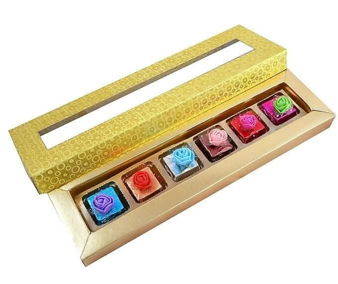 MANTOUSS Happy Diwali Chocolate Gift (Golden Decorative Box) + 2 earthern Diya, Diwali Greeting Card and Rangoli Colours - HalfPe