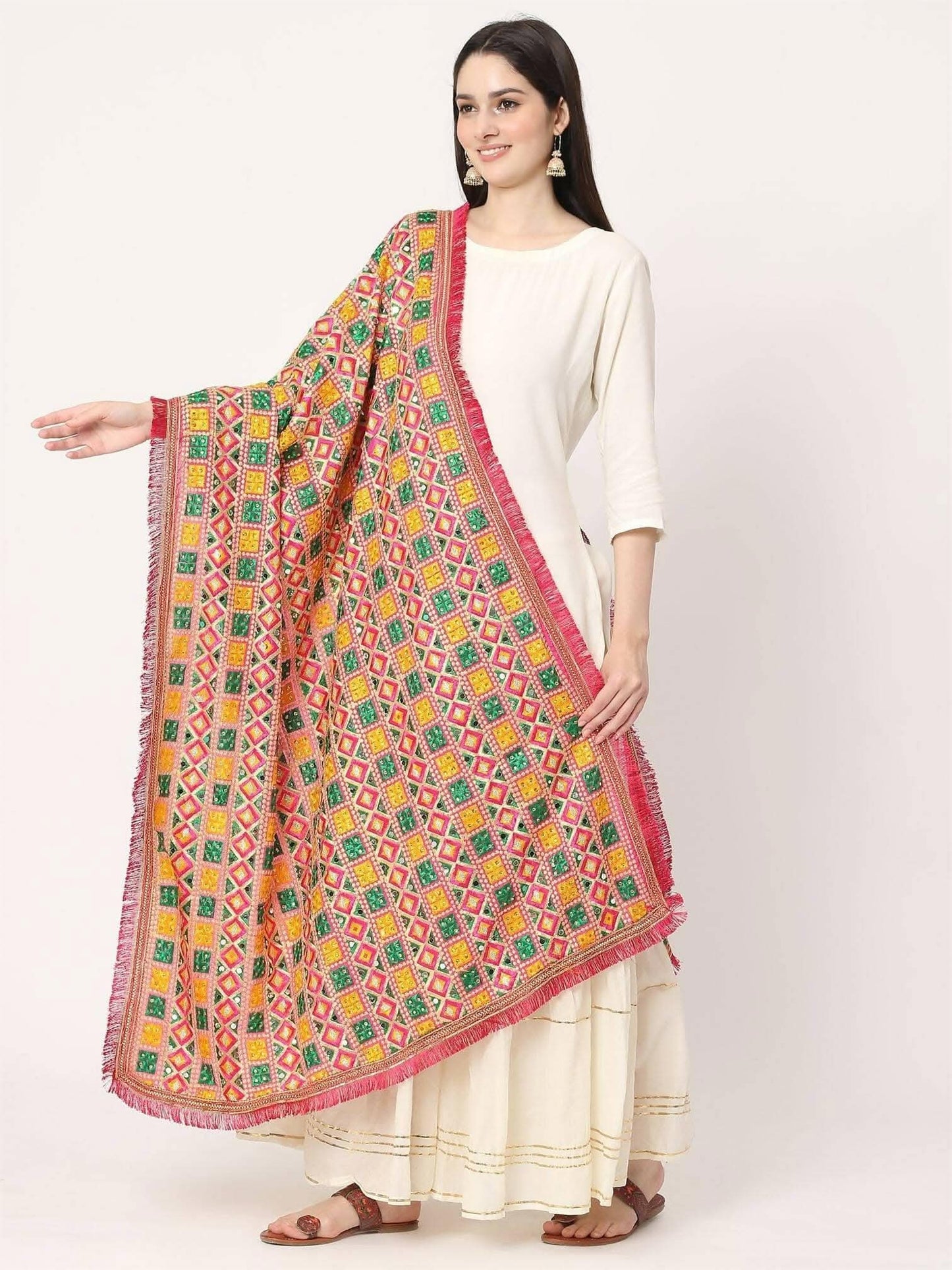 Mullticolour Embroidery Phulkari Dupatta with Mirror and Pearls - HalfPe