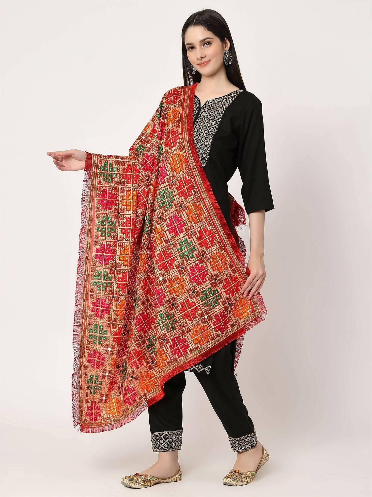 Maroon Multicolour Embroidery Phulkari Dupatta with Mirror Work - HalfPe