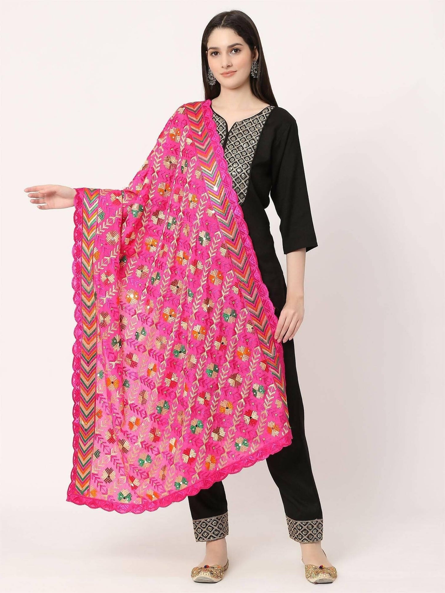 Magenta Embroidery Phulkari Dupatta with Lace border - HalfPe