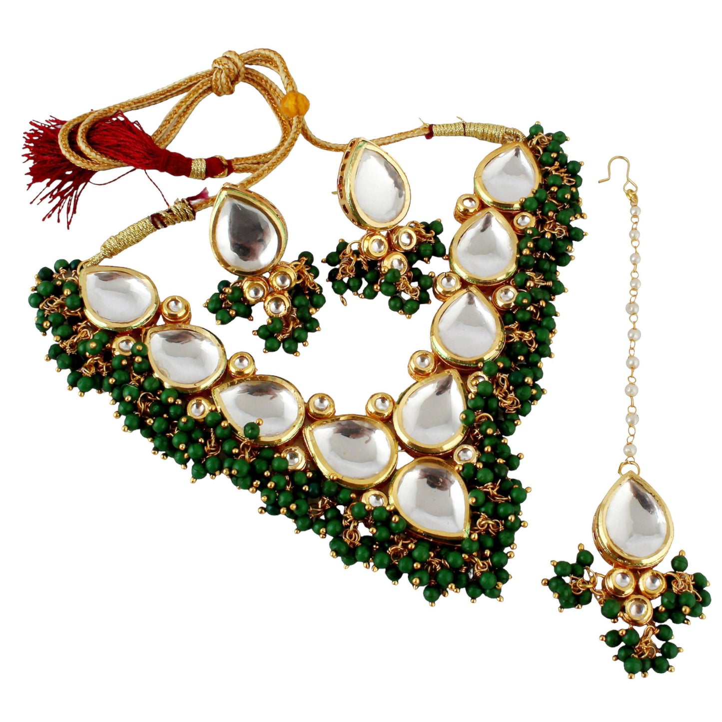 LUCKY JEWELLERY Back Meenakari 18k Gold Plated Green Color Tika Earring Combo Uncut Big Faux Kundan Choker Necklace set - HalfPe