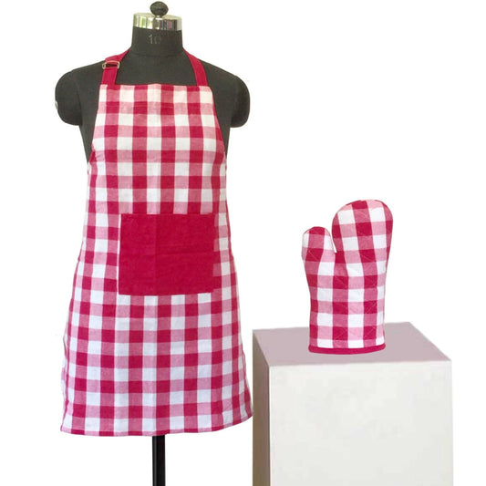 Lushomes Checks Lilac Kitchen Cooking Apron Set for Women, apron for kitchen, kitchen apron for women(2 Pc Set, Oven Glove 17 x 32 cm, Apron 60 x 80 cms) - HalfPe