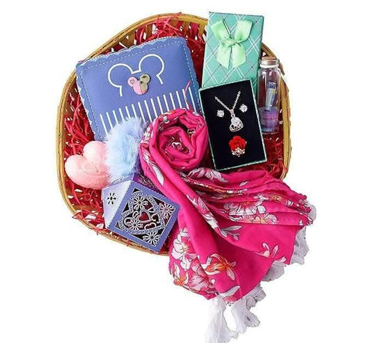 MANTOUSS Valentines Day gift hamper-chocolate box+Ladies Stole+Premium Wallet+Jewellery set(Neckpiece,earings,ring)+Message Bottle+Heart Shaped Candle+Card - HalfPe