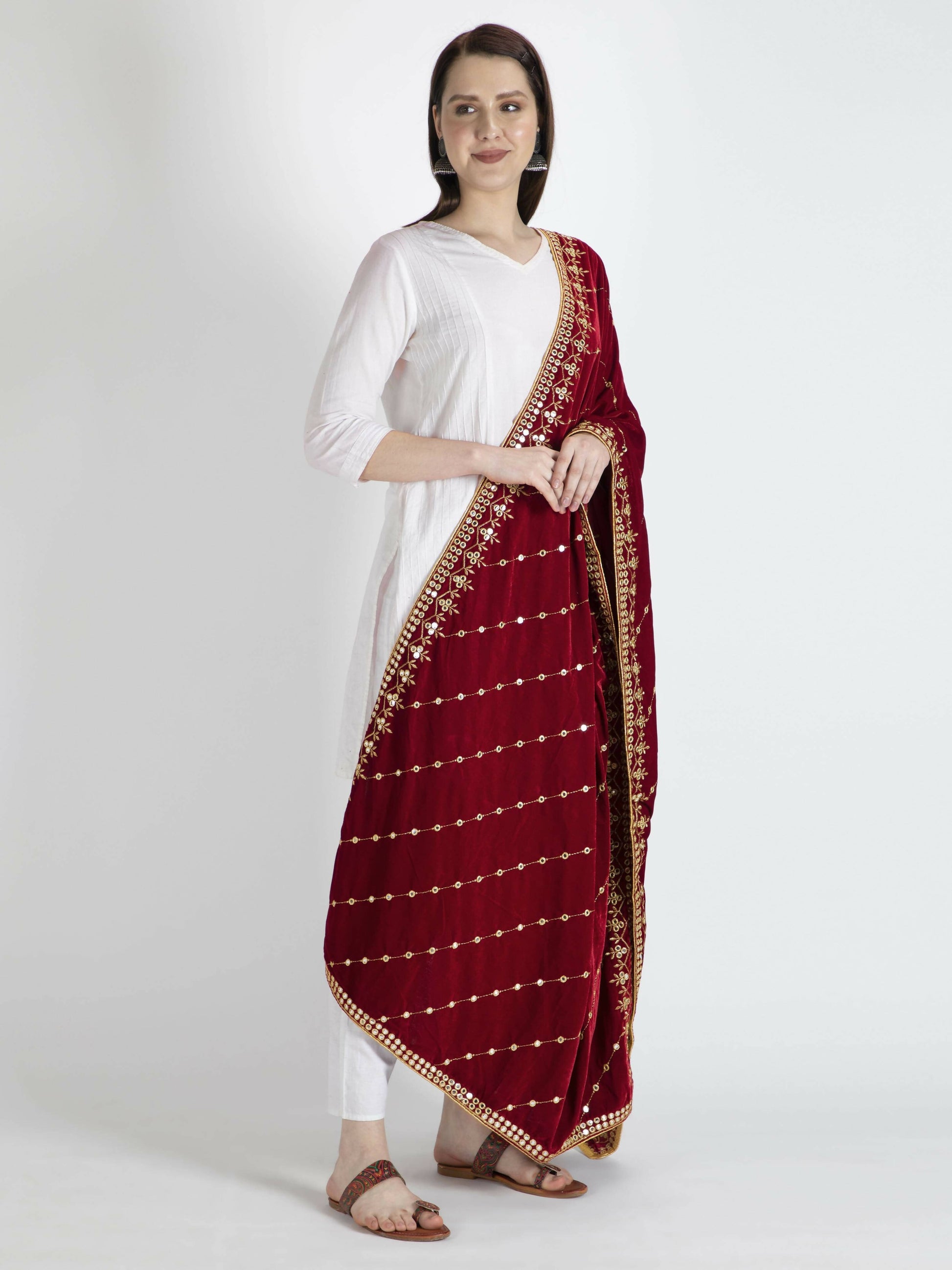 Maroon Embroidered Velvet Shawl Dupatta - HalfPe