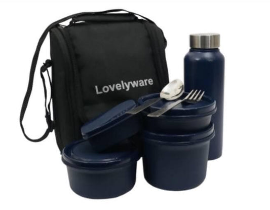 Premium Lunch Box with Bottle - Black | 3 Stainless Steel Containers + Pickle Box & Asorted Steel Bottle - HalfPe