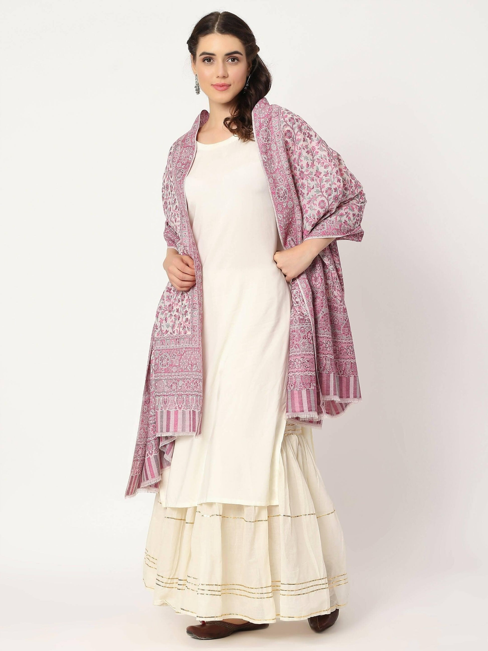 White Fine Wool Kani Shawl for women - HalfPe