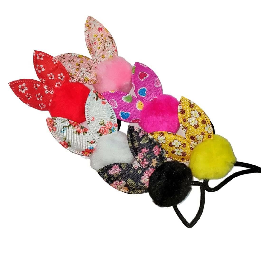 SENECIO 6 Pc Fur Ball Hair Pom Pom Floral Rabbit Ear Printed Black Rope Stretchable Ponytail Holder Rubber Band - HalfPe