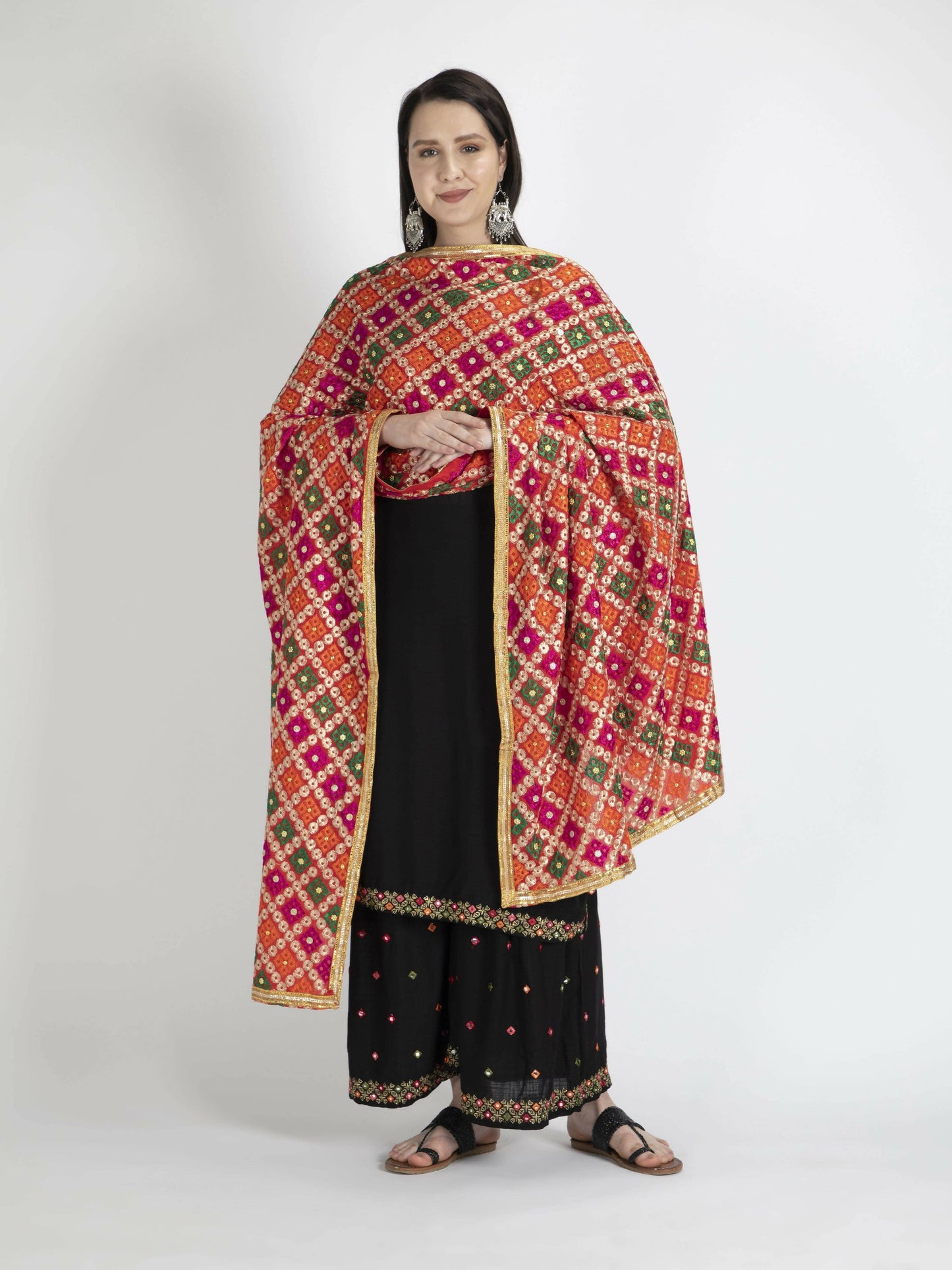 Phulkari with gold Lace and mirror work (multi-color) - HalfPe