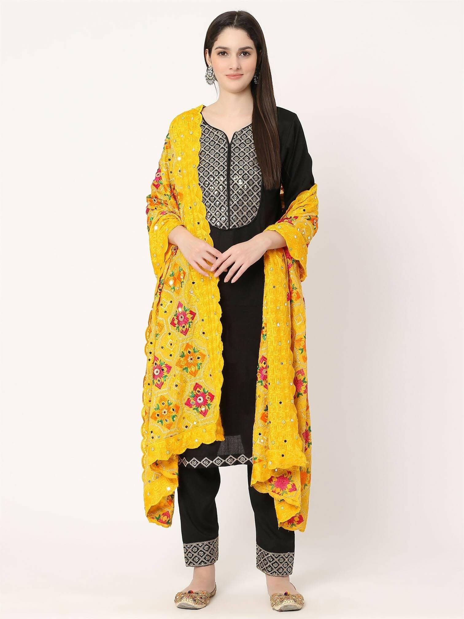 Yellow Multicolour Embroidery Phulkari Dupatta with Beads - HalfPe