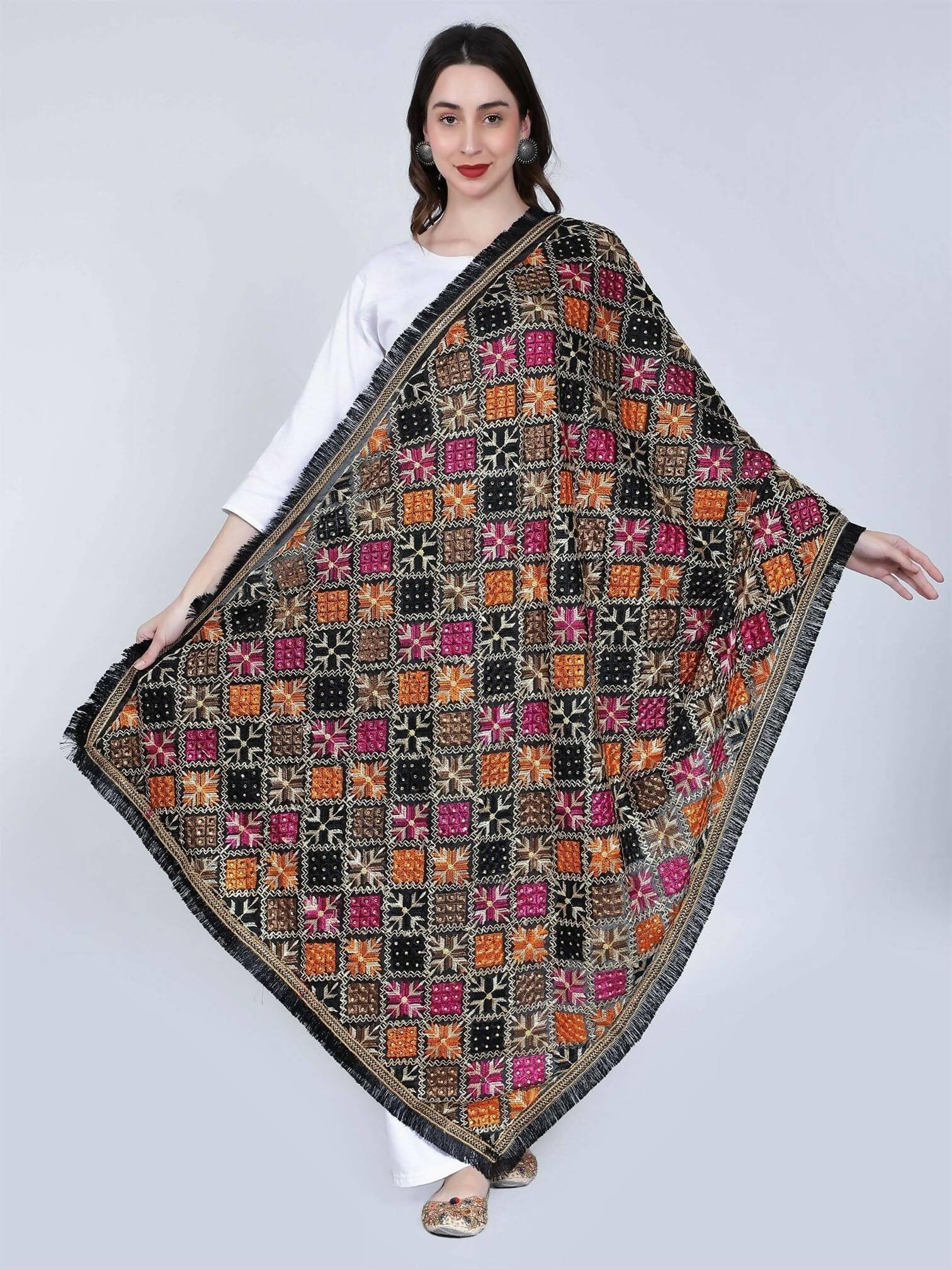 Multicolour Phulkari Dupatta - Magenta with mirror work ( Black Orange) - HalfPe