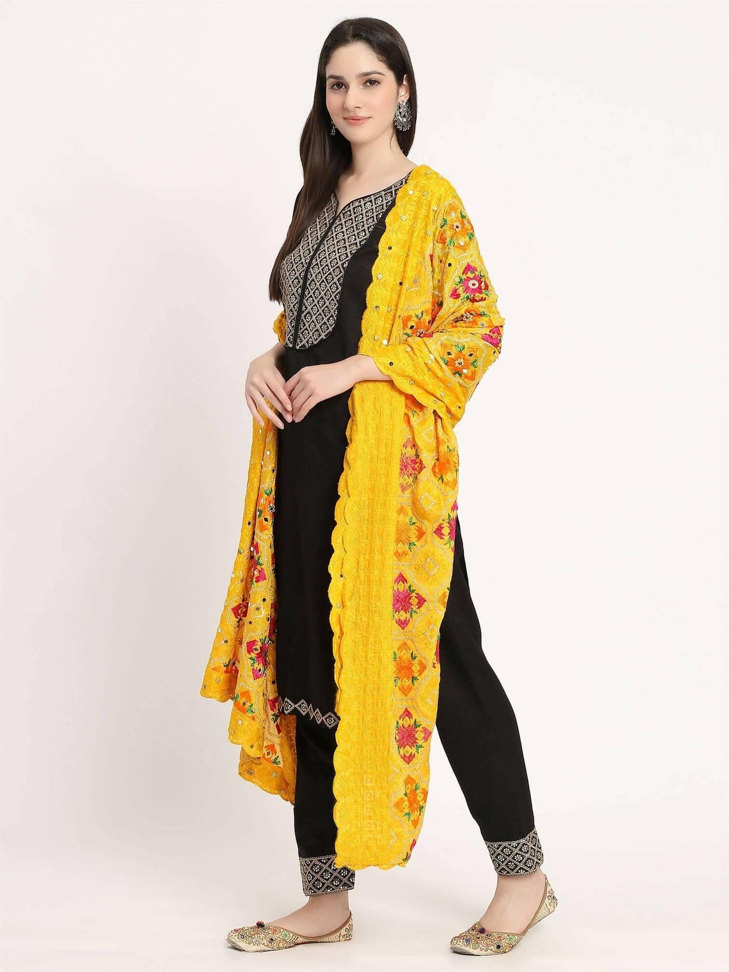 Yellow Multicolour Embroidery Phulkari Dupatta with Beads - HalfPe