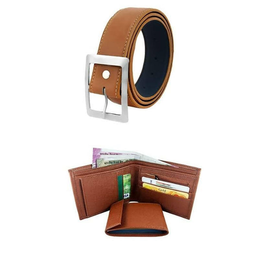 Men's Artificial Leather Belt And Wallet Combo (Brown) - HalfPe