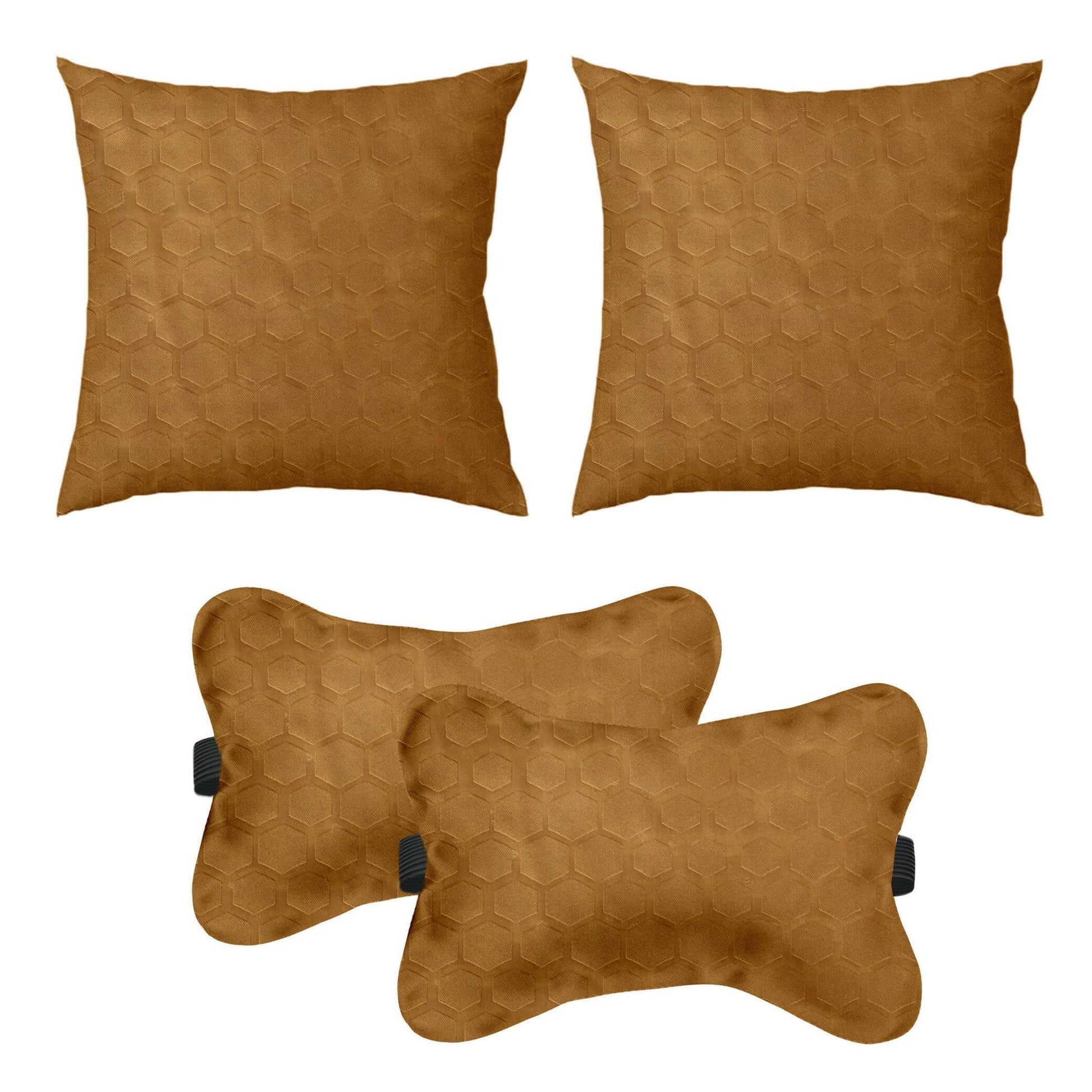 Lushomes Car Cushion Pillows for Neck, Back and Seat Rest, Pack of 4, Embossed Leatherlike Fabric 100% Polyester Material, 2 PCs Bone Neck Rest: 6x10 Inches, 2 Pcs of Car Cushion: 12x12 Inches, Beige - HalfPe