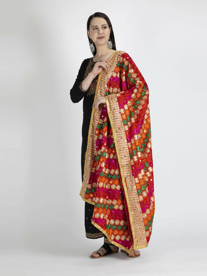 Phulkari with gold Lace and mirror work (multi-color) - HalfPe