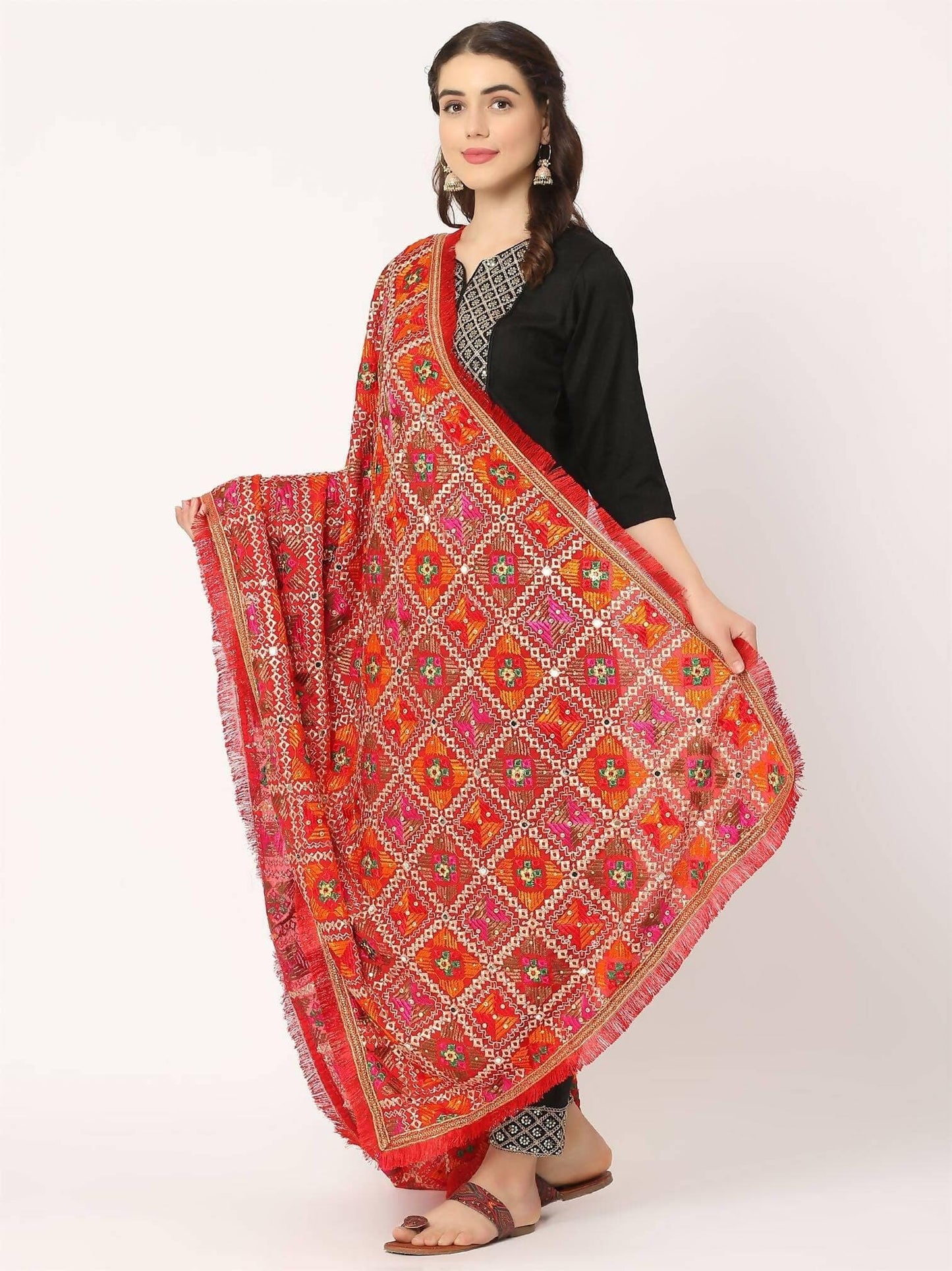 Red Multicolour Embroidery Phulkari Dupatta With Beads - HalfPe