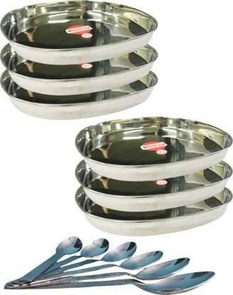 SHINI LIFESTYLE Steel Khumcha Dinner Plate, Steel plate, Snack Plate 6pc with Table Spoon Set Dinner Plate (Pack of 12) - HalfPe