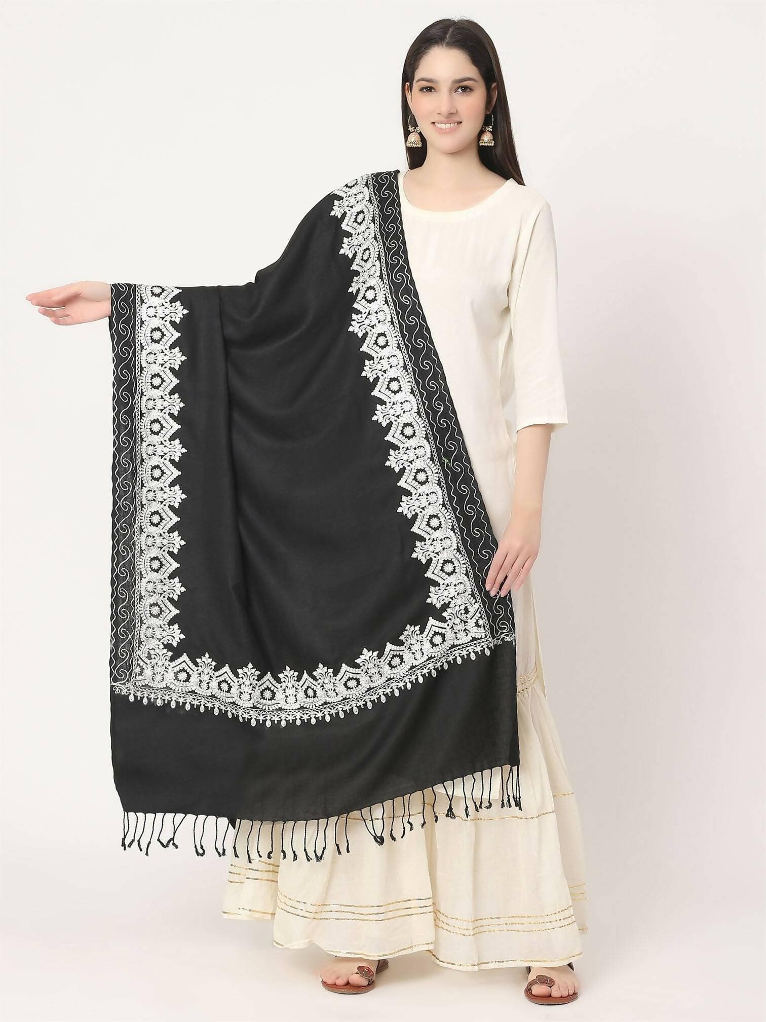 Black White Embroidered Stole for women﻿ - HalfPe