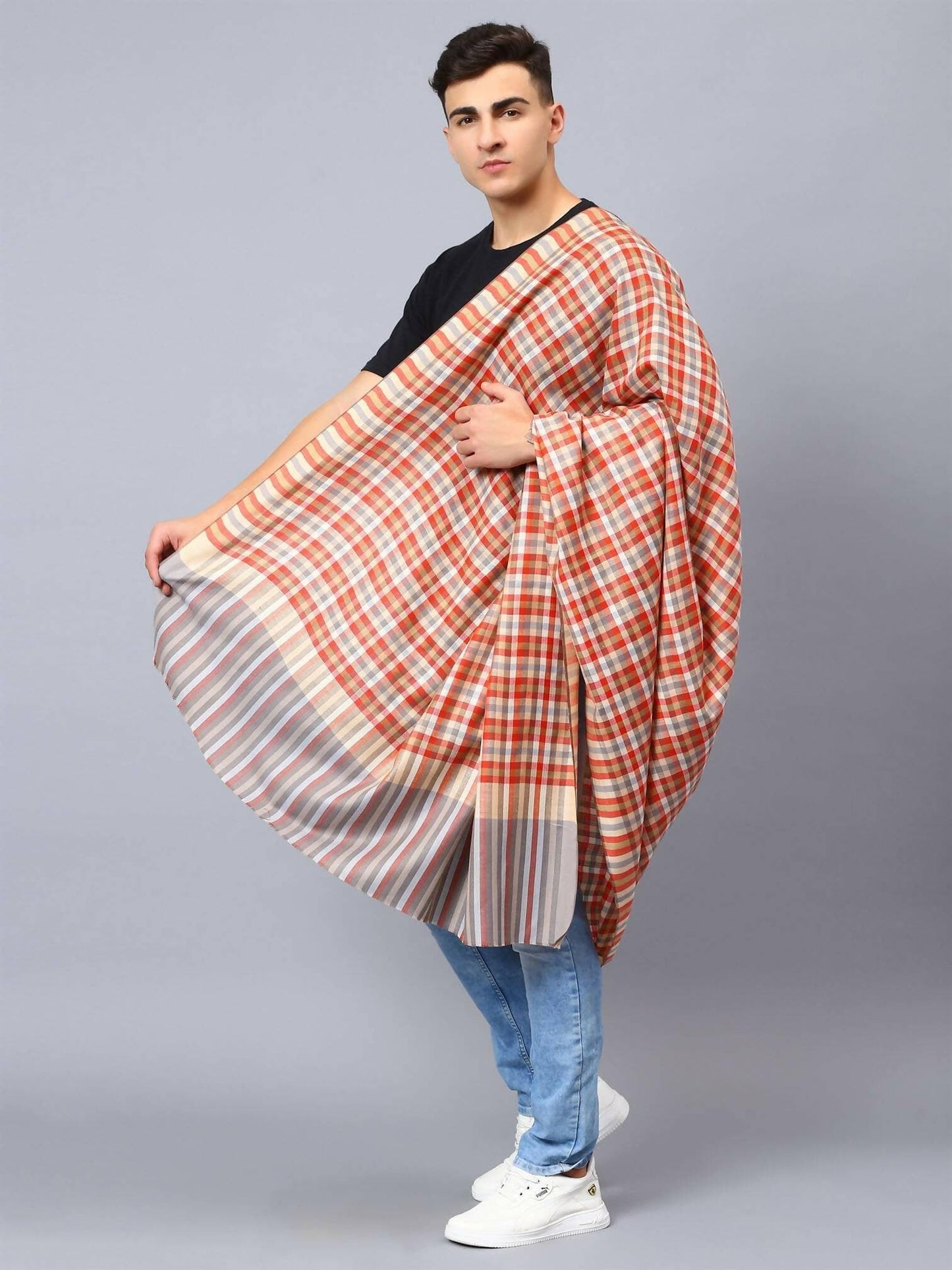 Grey Brown Multicolour Check Shawl - HalfPe