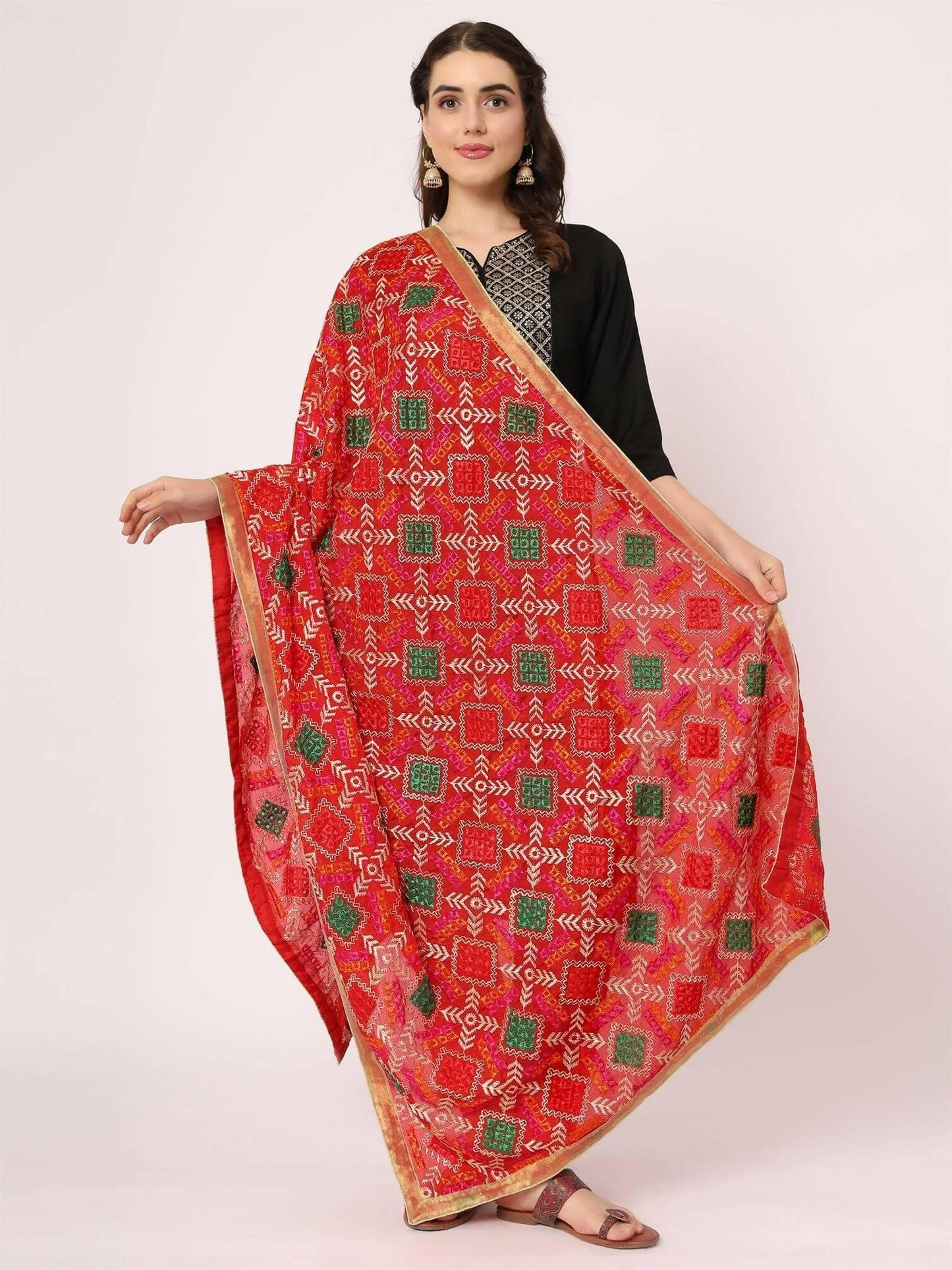 Red Multicolour Embroidery Phulkari Dupatta - HalfPe