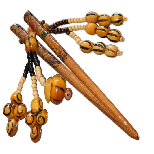 SENECIO Ethnic Print With Beaded Tassel Wooden Handmade Retro Hair Stick For Juda & Bun Pin (2Pc Set) - HalfPe