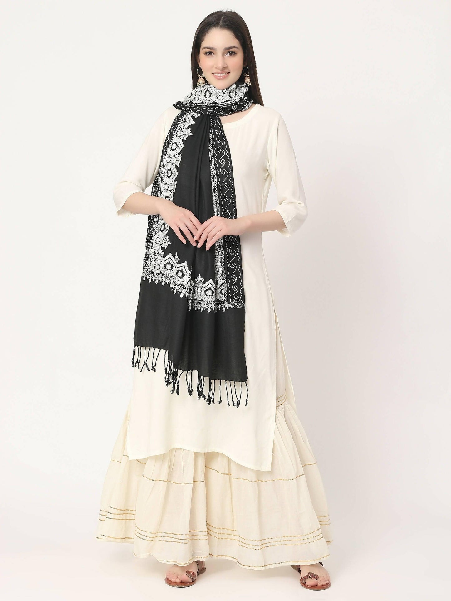 Black White Embroidered Stole for women﻿ - HalfPe