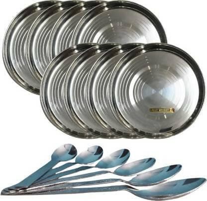 SHINI LIFESTYLE Steel Dinner Plates 8 pcs an spoons 8pcs for dinner with laser design (pack of 16) - HalfPe