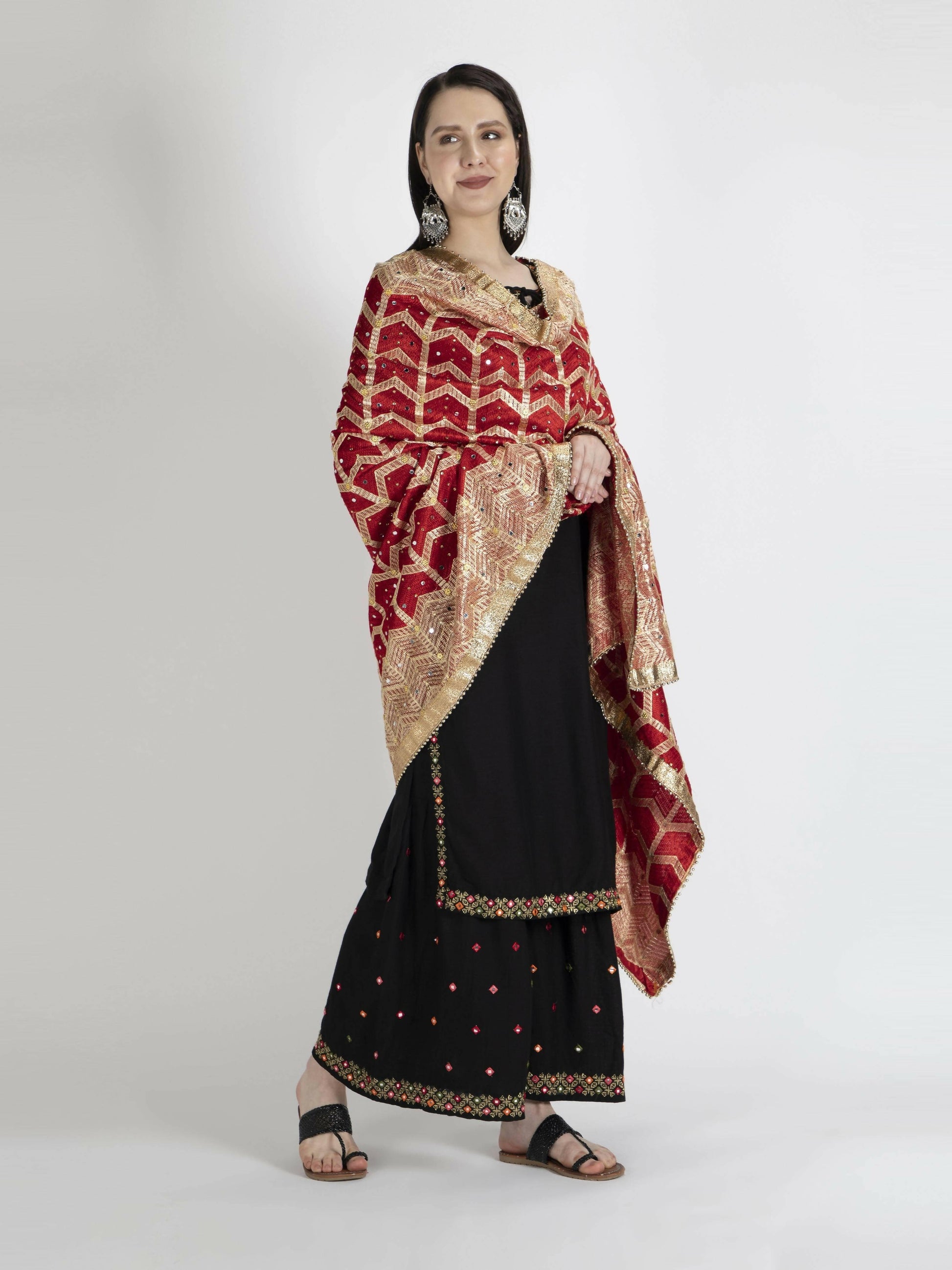 Red Phulkari dupatta with Heavy Lace (multi color design) - HalfPe