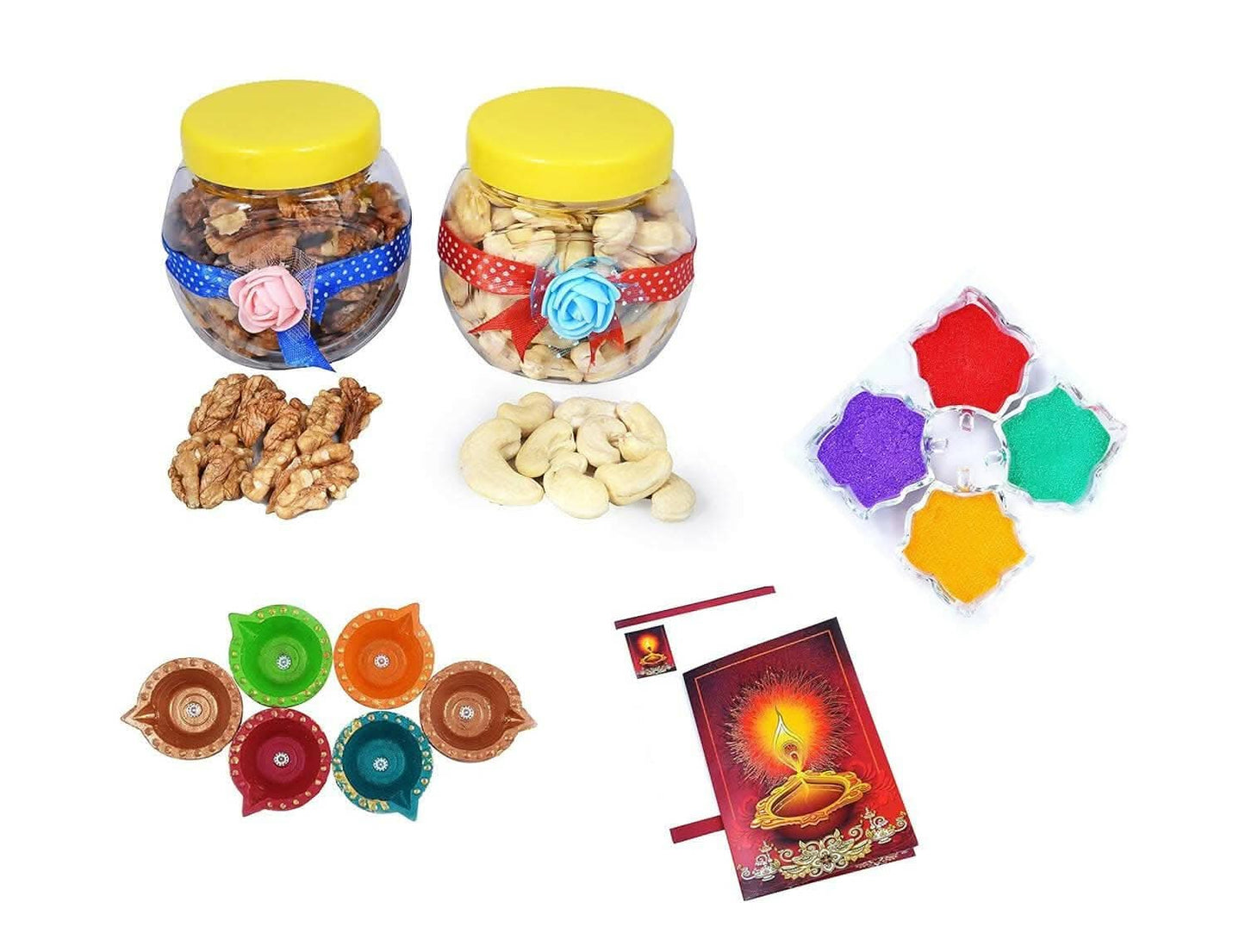 MANTOUSS Diwali Dry Fruit Decorated Jar-Cashew and Walnut(100gms Each),200 GMS + 2 Cute diyas, Rangoli Colours and Diwali Greeting - HalfPe