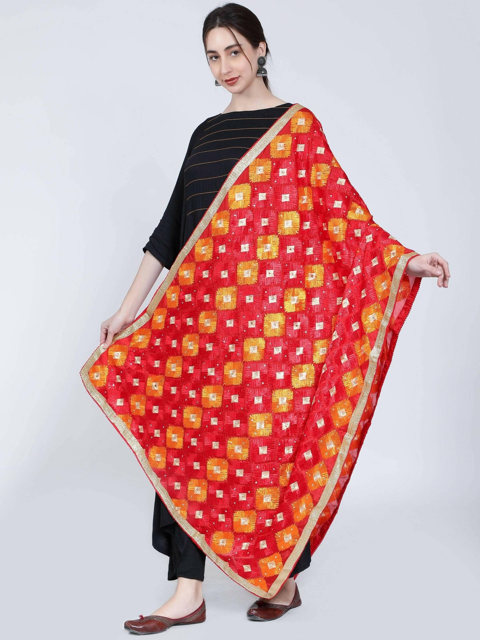 Multicolour Phulkari Dupatta (Red and Orange) - HalfPe