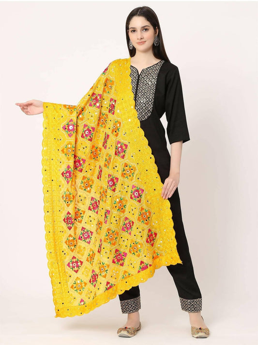 Yellow Multicolour Embroidery Phulkari Dupatta with Beads - HalfPe