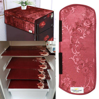 WISHLAND Double Door Fridge Cover Combo Set of 1 Fridge Cover + 1 Fridge Handle Cover + 4 Multipurpose Fridge Mats (Brown) - HalfPe