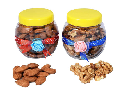 MANTOUSS Diwali Dry Fruit Decorated Jar-Almond and Walnut(100gms Each),200 GMS + 2 earthern Diya, Diwali Greeting Card and Rangoli Colours - HalfPe