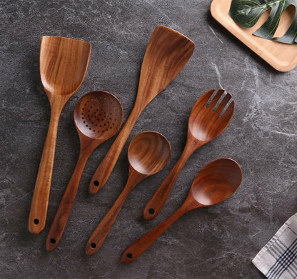 INAYA HOUSE Wooden Serving and Cooking Spoon, Ladles & Turning Spatulas Kitchen Non Stick Utensil (Set of 6) - HalfPe