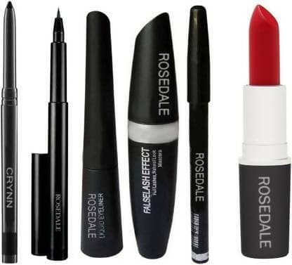 Crynn Smudge Proof HDA64 Makeup Beauty Kajal & Rosedale 3in1 Eyeliner , Mascara , Eyebrow Pencil & Rosedale MC Beauty Liquid Eyeliner & Retro Matte Red Lipstick (Pack of 6 Items ) - HalfPe