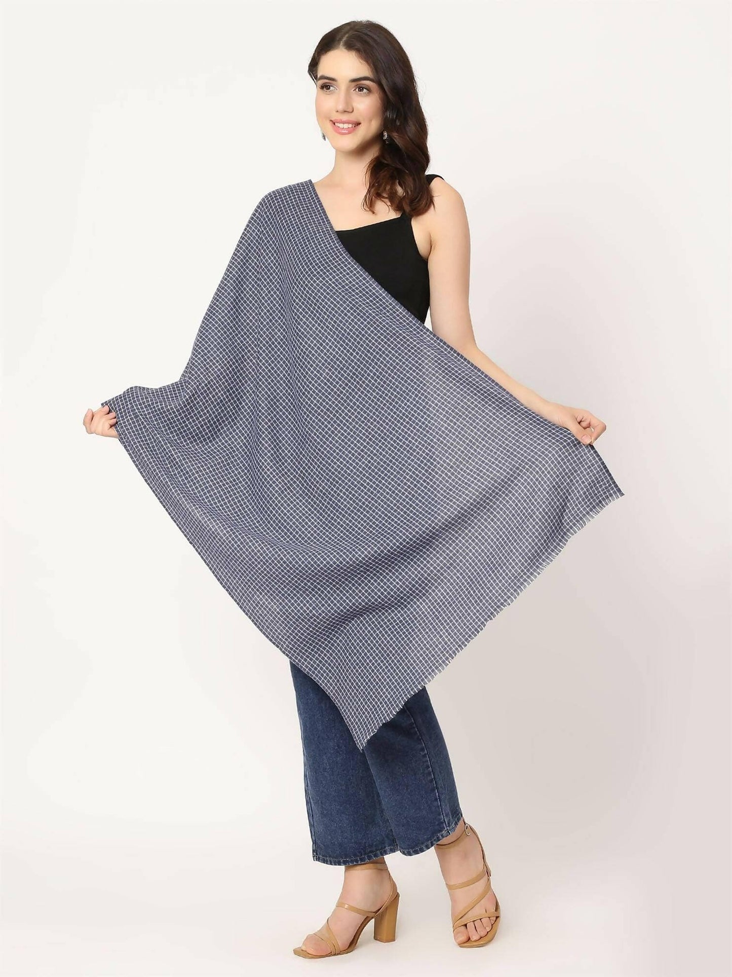 Navy Blue Check Stole for women - HalfPe