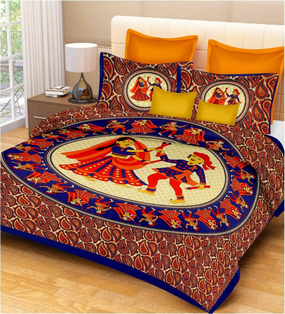 Jaipuri Traditional Sanganeri Print Cotton Double Bedsheet with 2 Pillow Covers - King (Blue) - HalfPe