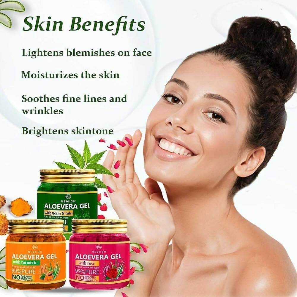 NEWISH Premium Rose Aloevera Gel, Turmeric Aloe Vera Face Gel And Neem Tulsi Facial Aloe Vera Gel Combo (Pack of 3 - 600 GM) - HalfPe