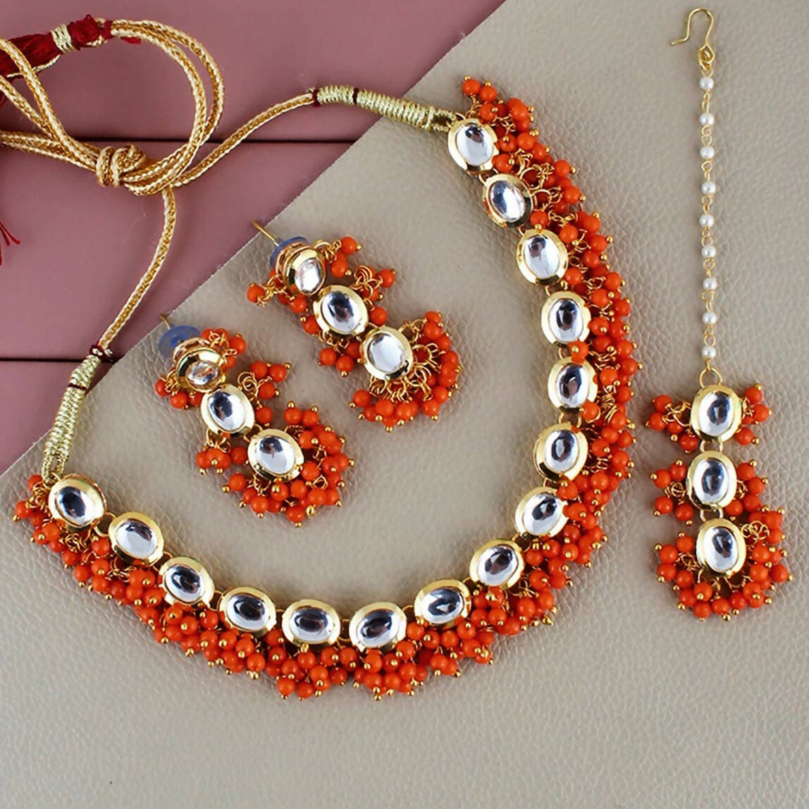 LUCKY JEWELLERY Back Meenakari 18k Gold Plated Orange Color Tika Earring Combo Uncut Big Faux Kundan Choker Necklace set - HalfPe