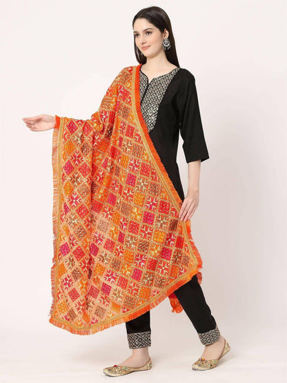 Black Multicolour Embroidery Phulkari Dupatta with Mirror Work - HalfPe